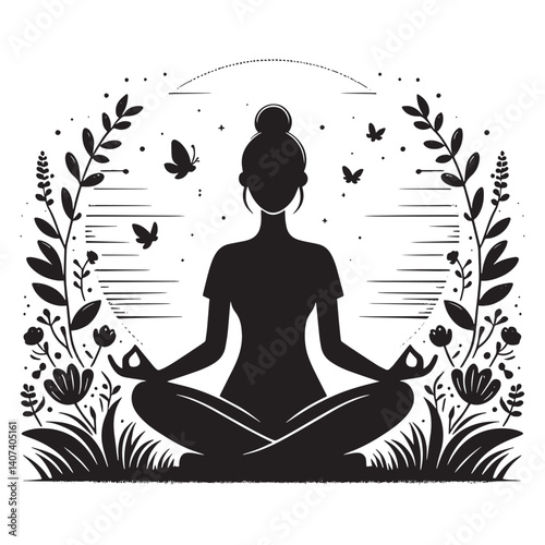 Silhouette of a woman in lotus position practicing mindfulness meditation amidst nature
