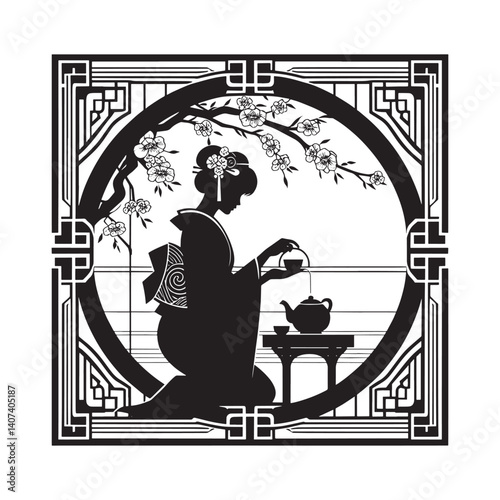 Silhouette of a woman in kimono performing a tea ceremony with artistic framing
