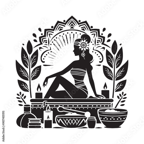 Silhouette of a woman in spa setting amid serene botanical elements