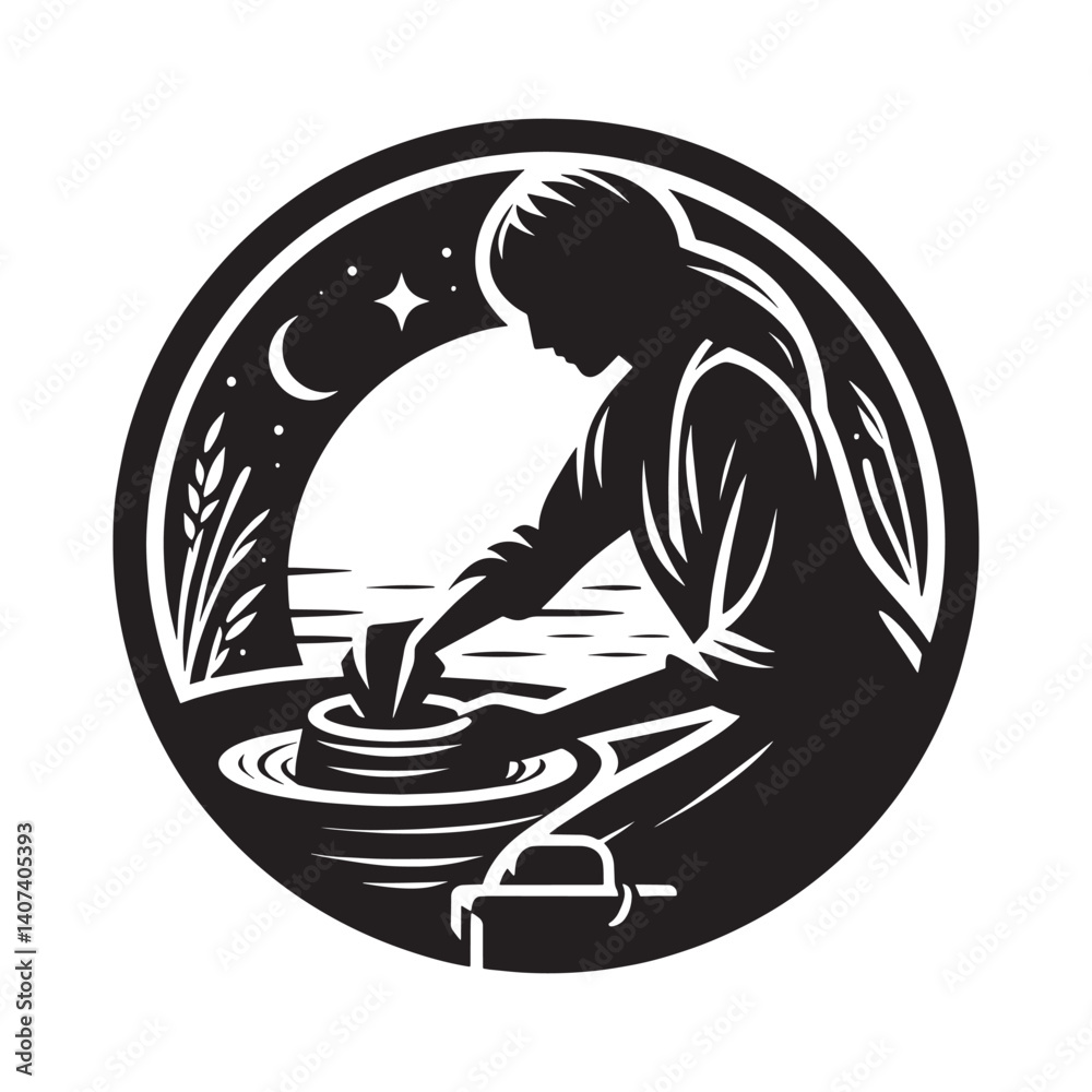 Silhouette of a woman meticulously crafting pottery on a spinning wheel round frame