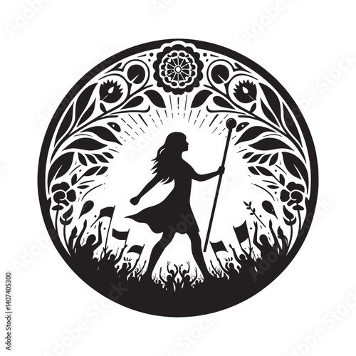 Silhouette of a woman leading a crowd with determination in a floral frame