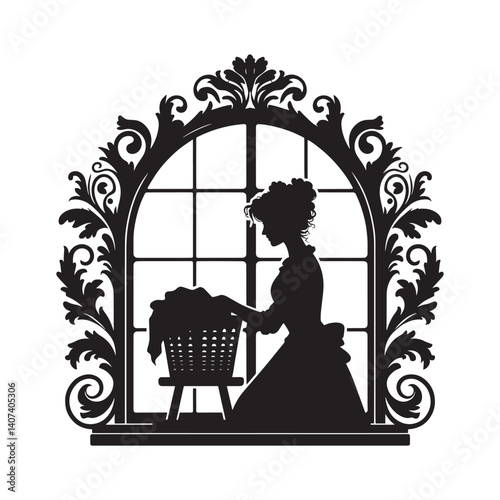 Silhouette of a woman laundry worker inside victorian flourish window frame