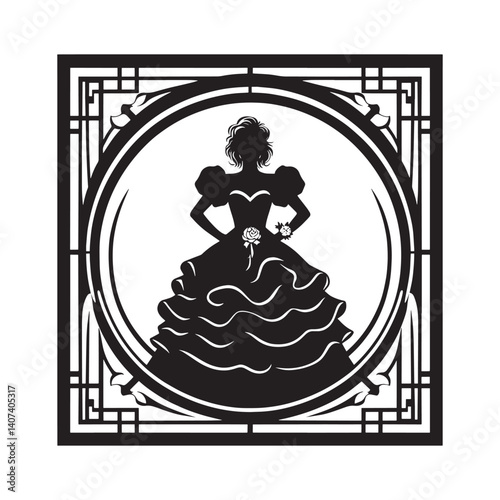 Silhouette of a woman in vintage gown within ornate frame design element