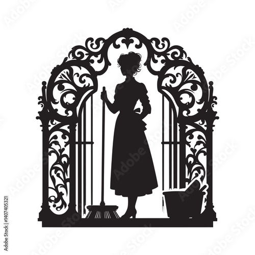 Silhouette of a woman janitor inside ornate victorian flourish, domestic service
