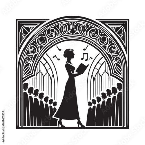 Silhouette of a Woman Leading a Choir in a Decorative Church Archway