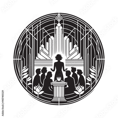 Silhouette of a woman leading discussion in front of community members