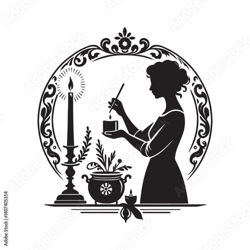 Silhouette of a woman lighting a candle during a spiritual ceremony ritual