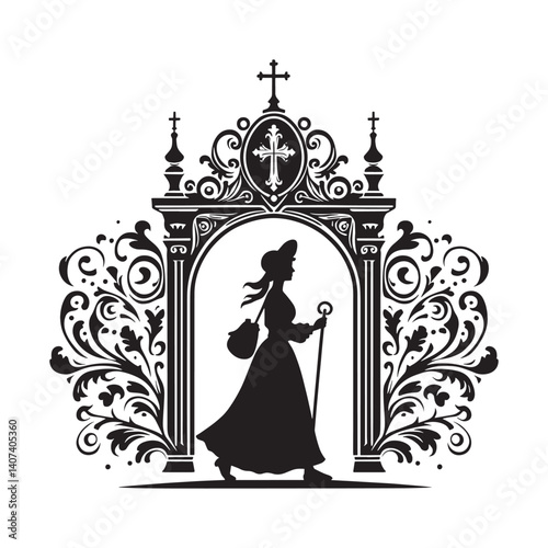 Silhouette of a woman making a pilgrimage towards a decorative archway
