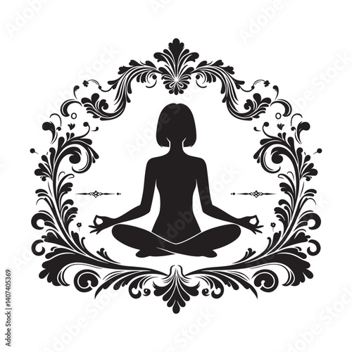 Silhouette of a woman meditating in lotus pose framed by ornate flourishes