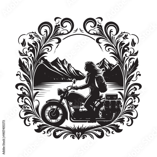 Silhouette of a woman motorcycle rider with scenic mountain background floral frame
