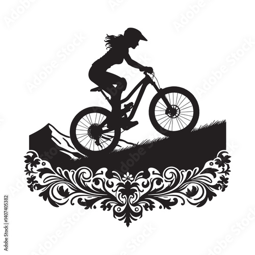 Silhouette of a woman mountain biking with flourish design element