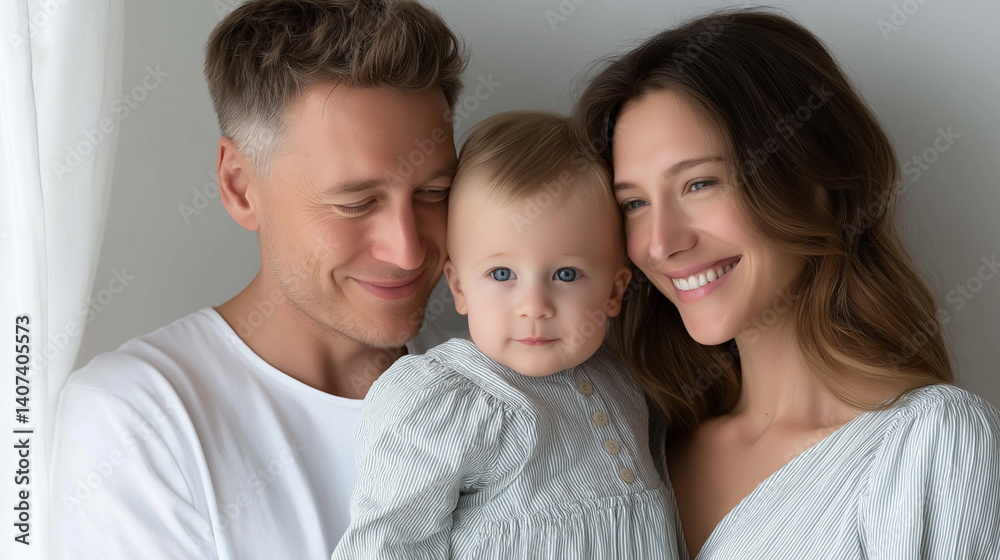 Joyful Moment: Man and Woman Smiling at Their Baby in a White Interior. happy family, parents, baby, family love, family bond, smiling, white interior, family togetherness, joyful moment, parenting, Joyful Moment: Man and Woman Smiling at Their Baby in a White Interior. happy family, parents, baby, family love, family bond, smiling, white interior, family togetherness, joyful moment, parenting,