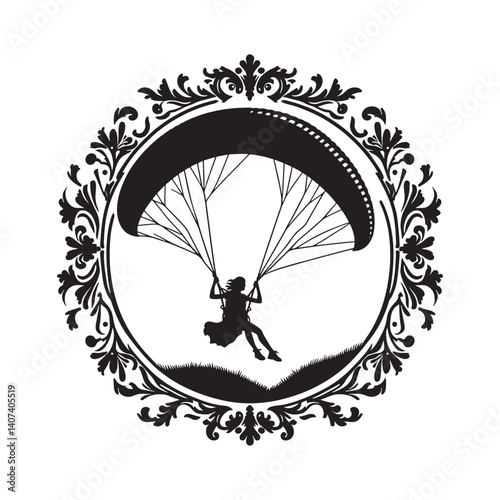 Silhouette of a Woman Paragliding Framed by a Victorian Flourish Design