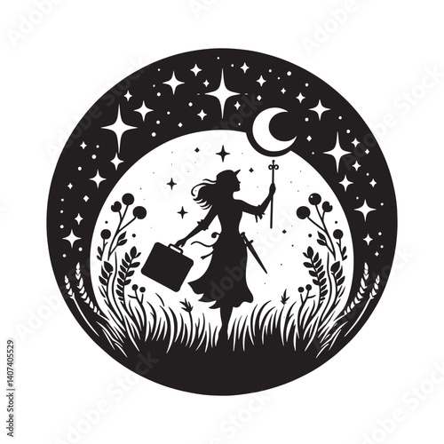 Silhouette of a woman on a magical journey amidst celestial lights