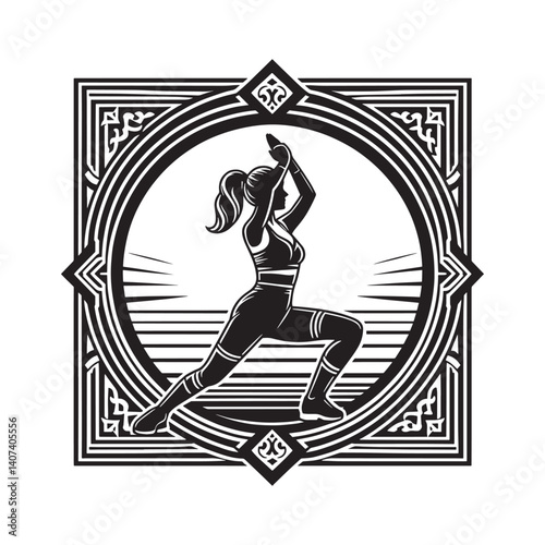Silhouette of a woman performing aerobics within a decorative geometric frame