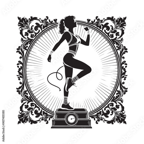 Silhouette of a woman performing aerobics framed with a classic ornate design