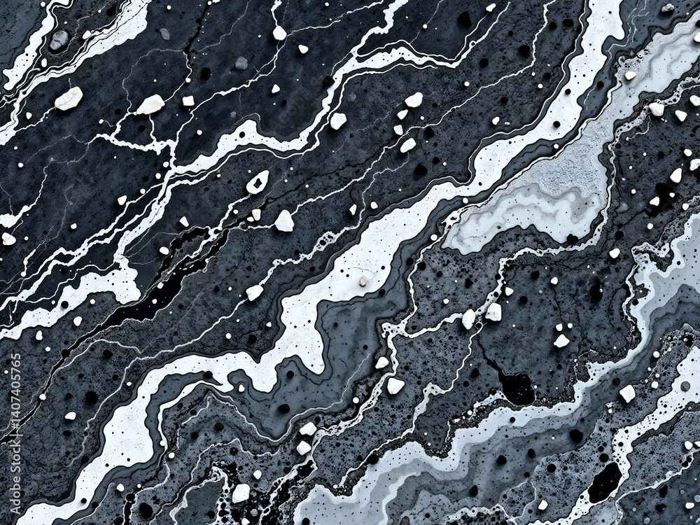 Abstract layered stone pattern in black and white with natural wavy lines, top view. Generative AI