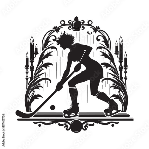 Silhouette of a woman playing hockey with Victorian flourishes backdrop