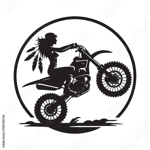 Silhouette of a woman performing motorcycle stunts with feathers in hair show