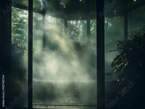 Mist of eucalyptus in steam room fogging glass walls light gently diffusing through