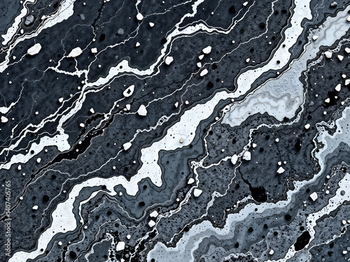 Obraz na płótnie Abstract layered stone pattern in black and white with natural wavy lines, top view. Generative AI w salonie