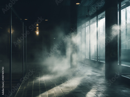 Steam room air thickening with humidity glass walls softly enclosing diffused light