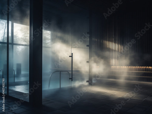 Steam room warming with rising humidity glass walls enclosing soft diffused light filtering