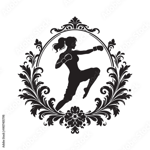 Silhouette of a woman practicing kickboxing inside a victorian decorative frame