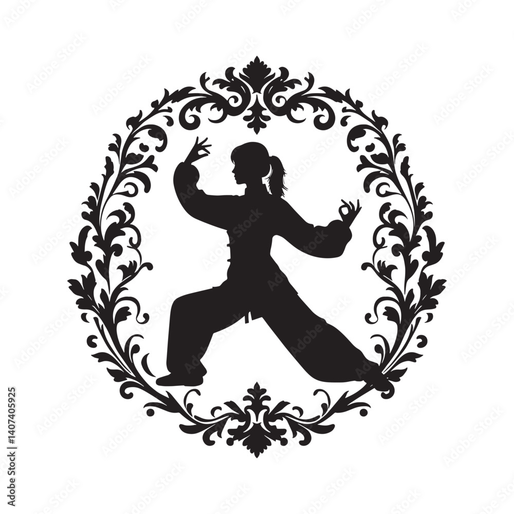 Fototapeta premium Silhouette of a woman practicing Tai Chi in a vintage flourish frame