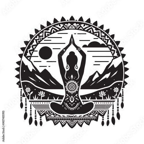 Silhouette of a woman practicing yoga in a decorative mountain landscape