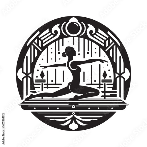Silhouette of a woman practicing yoga in an art deco style circular design