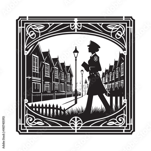 Silhouette of a woman police officer patrolling a neighborhood street