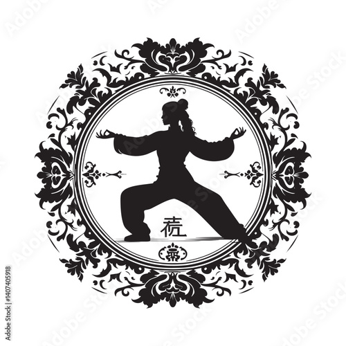 Silhouette of a Woman Practicing Tai Chi within Decorative Victorian Circle