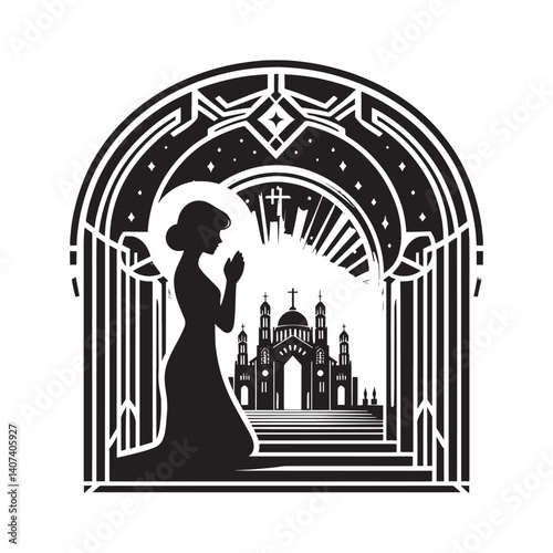 Silhouette of a woman praying inside a detailed gothic church setting