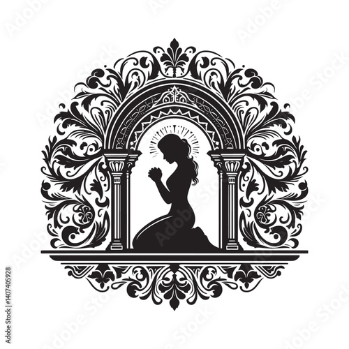Silhouette of a woman praying in ornate architectural framing with reverence