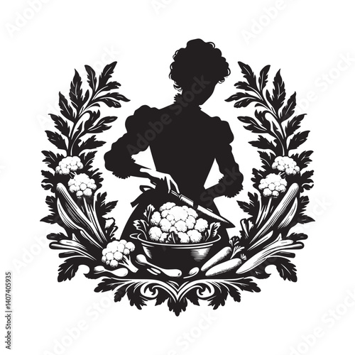 Silhouette of a woman preparing cauliflower with Victorian floral flourish