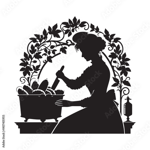 Silhouette of a woman preparing sweet potatoes with Victorian flourish accents