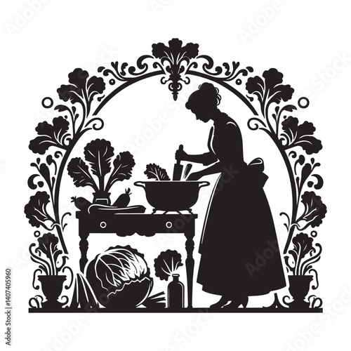 Silhouette of a woman preparing vegetables within a Victorian flourish frame