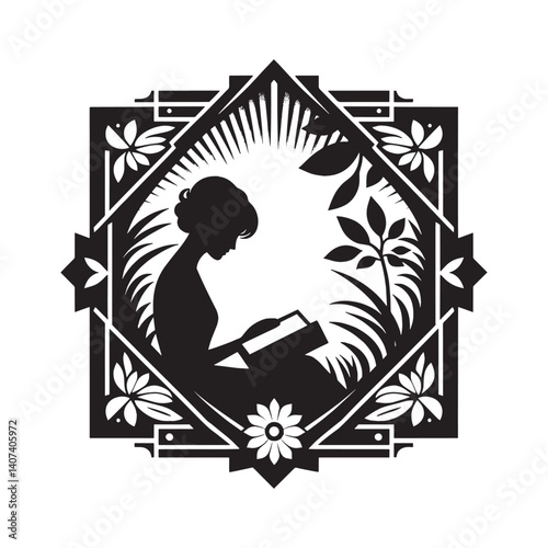 Silhouette of a woman reading amidst floral frame evokes peaceful serenity