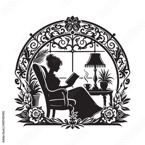 Silhouette of a woman reading book in an ornate sunroom illustration