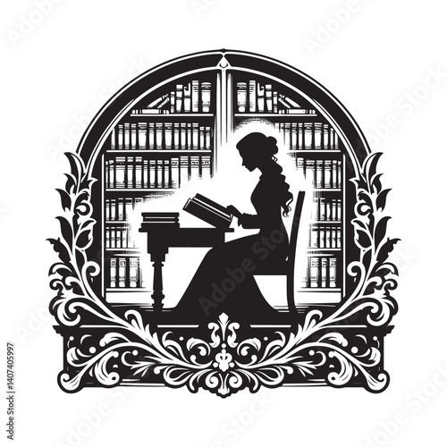 Silhouette of a woman reading in library adorned with floral elements