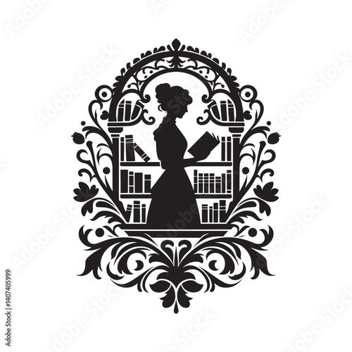 Silhouette of a woman reading in an ornate Victorian library setting