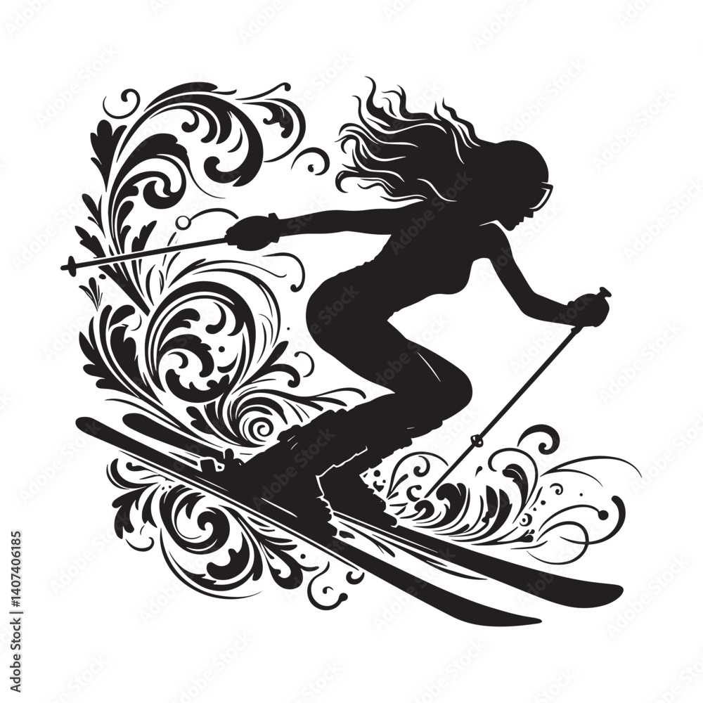 Fototapeta premium Silhouette of a woman skiing with elegant victorian flourish ornamental elements