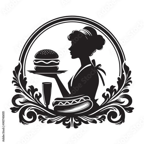 Silhouette of a woman serving a burger and hotdog in Victorian flourish frame