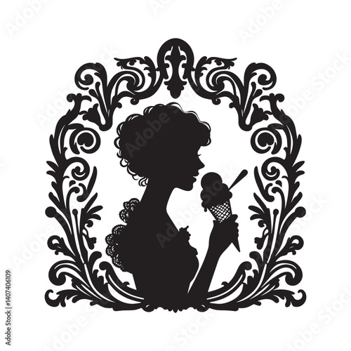 Silhouette of a woman savoring ice cream within a vintage floral frame
