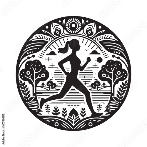 Silhouette of a woman running in nature within a stylized circular frame