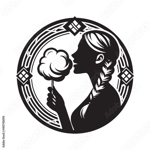 Silhouette of a woman savoring sweet cotton candy at a festive amusement park