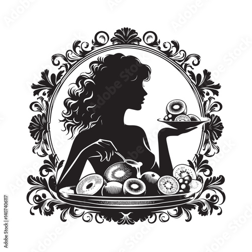 Silhouette of a woman serving and enjoying a fruit platter inside vintage ornament