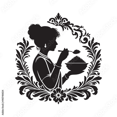 Silhouette of a woman serving and eating food inside victorian flourish