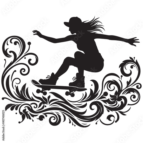 Silhouette of a woman skateboarding with ornate victorian flourish details
